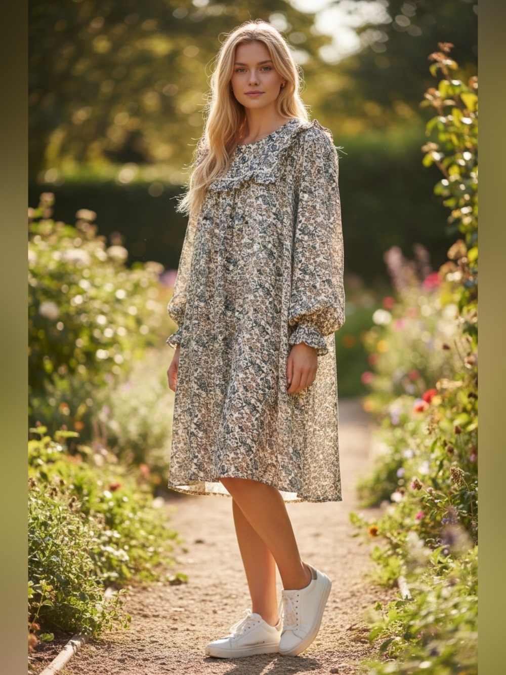 Hayden Green Floral Ruffle Yoke Long-Sleeve Dress